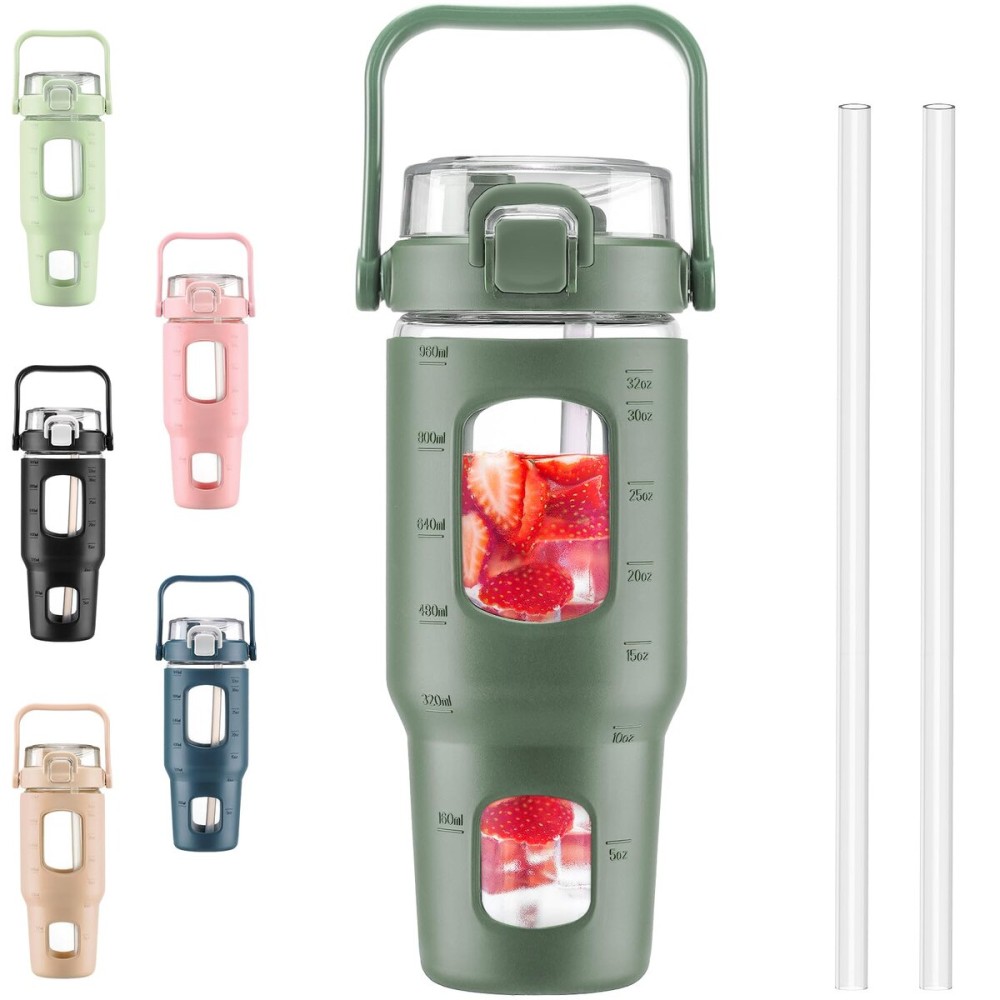 BLUEGO 32oz Glass Water Bottles with Straw Time Marker Half Gallon Large Motivational Water Bottle with Silicone Sleeve 2 Liter Large Glass Water Jug for Gym, Sports& Workout, Daily, 02 Olive