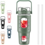 BLUEGO 32oz Glass Water Bottles with Straw Time Marker Half Gallon Large Motivational Water Bottle with Silicone Sleeve 2 Liter Large Glass Water Jug for Gym, Sports& Workout, Daily, 02 Olive