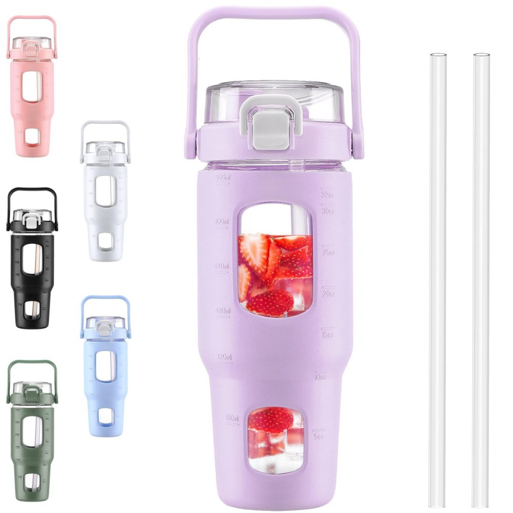 BLUEGO 32oz Glass Water Bottles with Straw Time Marker Half Gallon Large Motivational Water Bottle with Silicone Sleeve 2 Liter Large Glass Water Jug for Gym, Sports& Workout, Daily, Purple