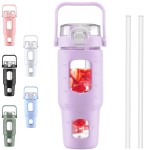 BLUEGO 32oz Glass Water Bottles with Straw Time Marker Half Gallon Large Motivational Water Bottle with Silicone Sleeve 2 Liter Large Glass Water Jug for Gym, Sports& Workout, Daily, Purple