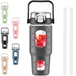 BLUEGO 32oz Glass Water Bottles with Straw Time Marker Half Gallon Large Motivational Water Bottle with Silicone Sleeve 2 Liter Large Glass Water Jug for Gym, Sports& Workout, Daily, Dark Grey