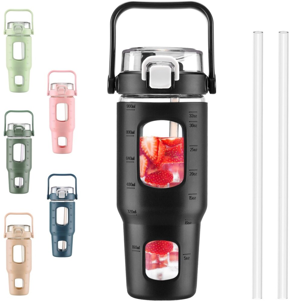 BLUEGO 32oz Glass Water Bottles with Straw Time Marker Half Gallon Large Motivational Water Bottle with Silicone Sleeve 2 Liter Large Glass Water Jug for Gym, Sports& Workout, Daily, Black