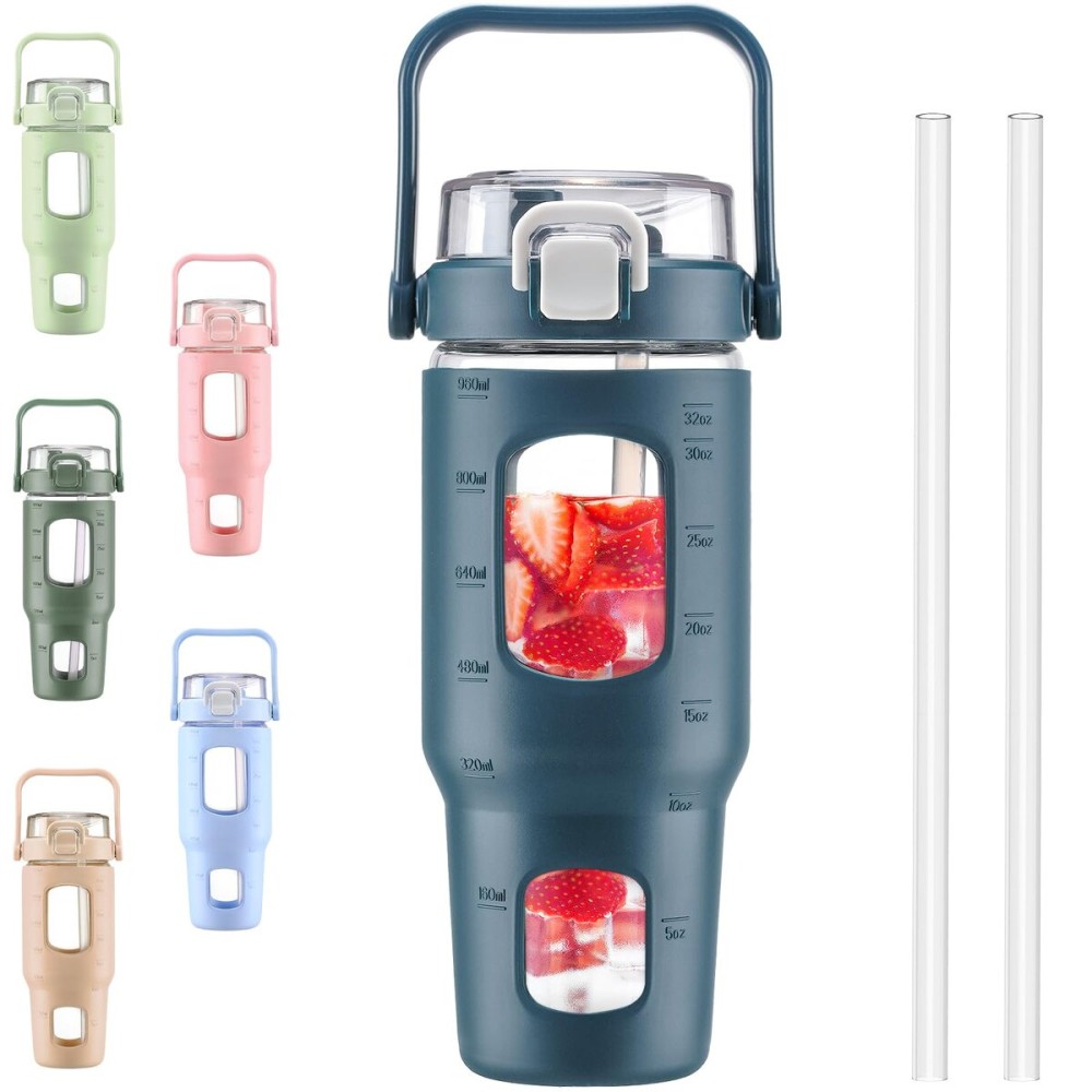 BLUEGO 32oz Glass Water Bottles with Straw Time Marker Half Gallon Large Motivational Water Bottle with Silicone Sleeve 2 Liter Large Glass Water Jug for Gym, Sports& Workout, Daily, Dark Blue