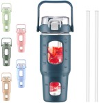 BLUEGO 32oz Glass Water Bottles with Straw Time Marker Half Gallon Large Motivational Water Bottle with Silicone Sleeve 2 Liter Large Glass Water Jug for Gym, Sports& Workout, Daily, Dark Blue