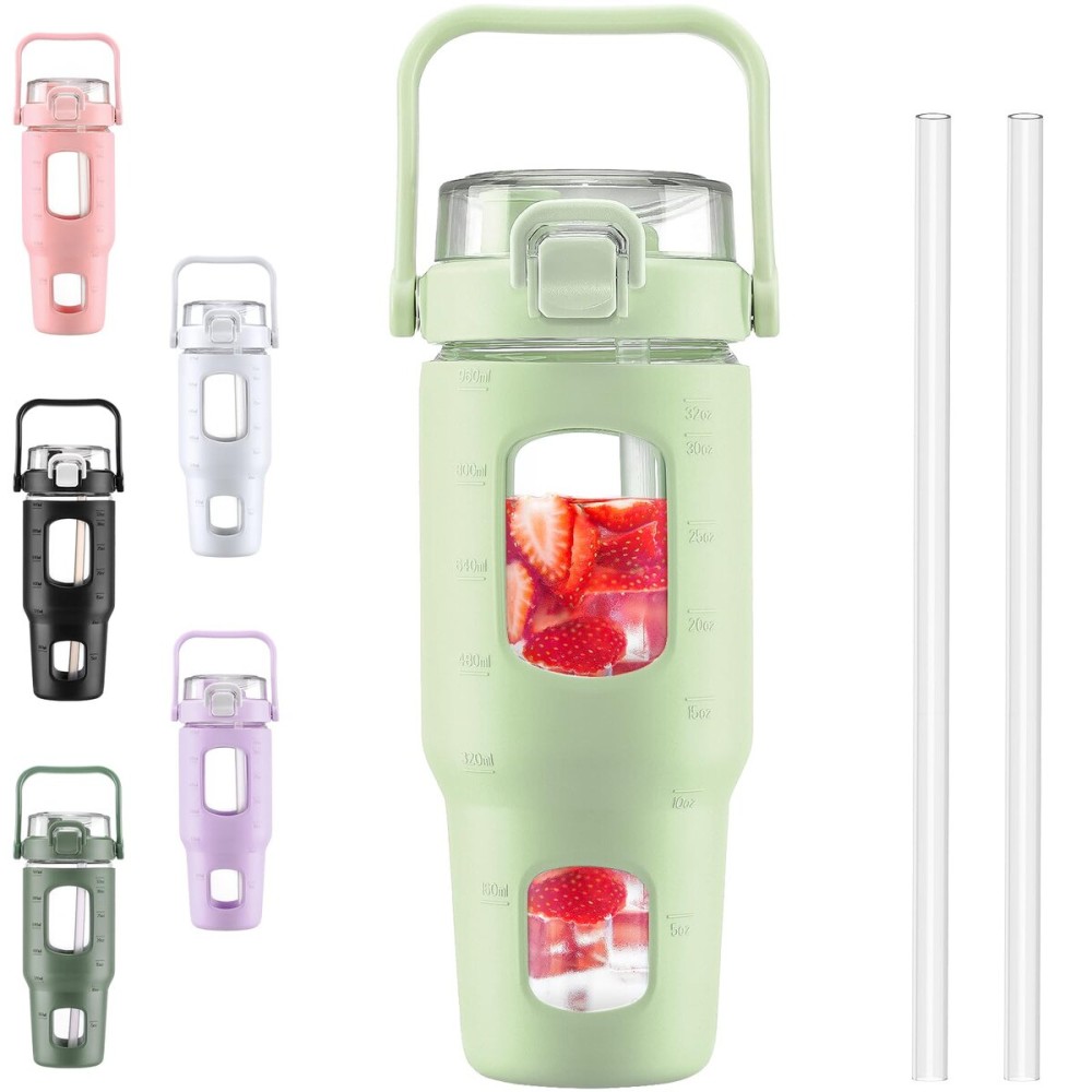 BLUEGO 32oz Glass Water Bottles with Straw Time Marker Half Gallon Large Motivational Water Bottle with Silicone Sleeve 2 Liter Large Glass Water Jug for Gym, Sports& Workout, Daily, Green