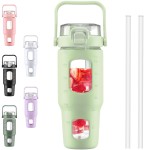 BLUEGO 32oz Glass Water Bottles with Straw Time Marker Half Gallon Large Motivational Water Bottle with Silicone Sleeve 2 Liter Large Glass Water Jug for Gym, Sports& Workout, Daily, Green