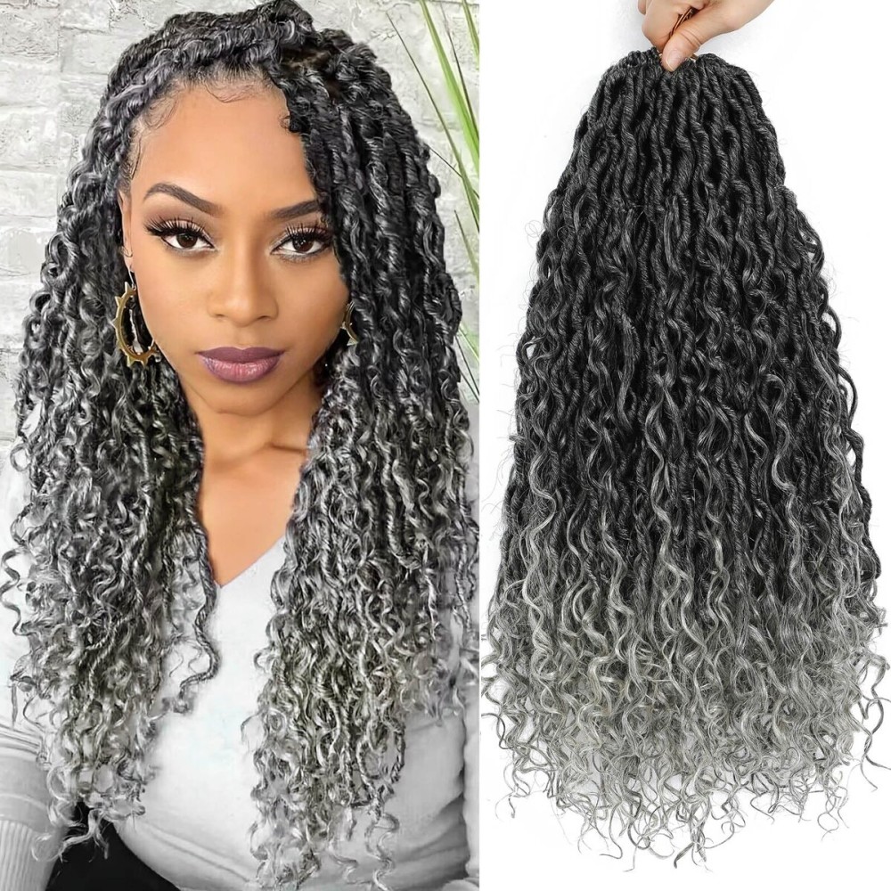 Col Bling Goddess Locs Crochet Hair 18 Inch 8 Packs Faux Locs Crochet Hair for Women Pre Looped Crochet Boho Goddess Faux Locs Crotchet Hair with Curly Ends 1B/Grey