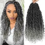 Col Bling Goddess Locs Crochet Hair 18 Inch 8 Packs Faux Locs Crochet Hair for Women Pre Looped Crochet Boho Goddess Faux Locs Crotchet Hair with Curly Ends 1B/Grey