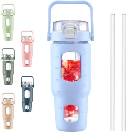BLUEGO 32oz Glass Water Bottles with Straw Time Marker Half Gallon Large Motivational Water Bottle with Silicone Sleeve 2 Liter Large Glass Water Jug for Gym, Sports& Workout, Daily, Light Blue