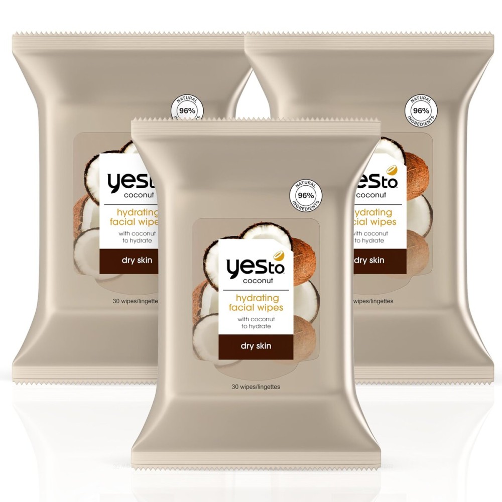 Yes To Face Wipes for Women and Men, Super Skin Recharging Facial Cleansing Wipes for use as a Make Up Remover, Cleaning, Soothing, Coconut (Pack of 3)