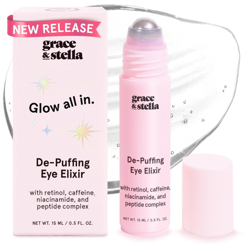 grace & stella Under Eye Brightener Roller - Airplane Travel Essentials - Travel Size Toiletries - Retinol & Caffeine Eye Serum for Puffiness, Dark Circles, Wrinkles - Vegan Skincare (15ml / 0.51floz)