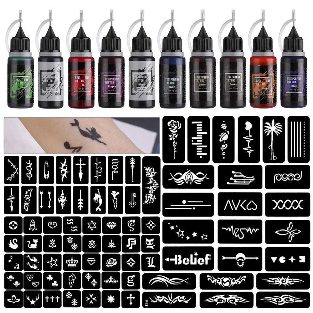 STIGMA Temporary Tattoo Kit 10 Bottles Color Inks, 84 Pcs Stencils Kit for Body Paint DIY Tattoos Temp, 8 Colors DIY Fake Tattoo for Women Kids