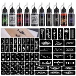 STIGMA Temporary Tattoo Kit 10 Bottles Color Inks, 84 Pcs Stencils Kit for Body Paint DIY Tattoos Temp, 8 Colors DIY Fake Tattoo for Women Kids