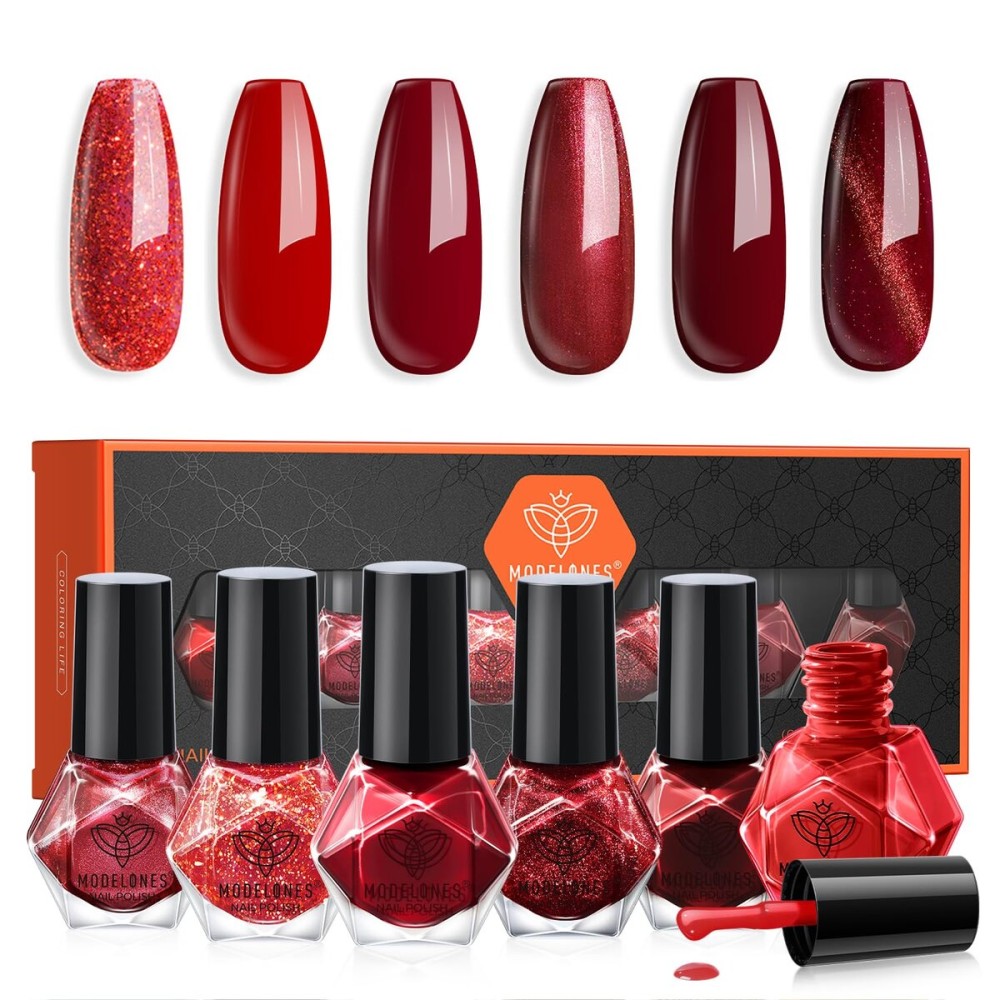 modelones Red Nail Polish Set, 6 Colors Dark Ruby Cherry Cat Eye Glitter Mini Quick Dry Nail Lacquer Kit, Magnetic Sparkle DIY Nail Art Manicure Christmas Gift for Women Girls
