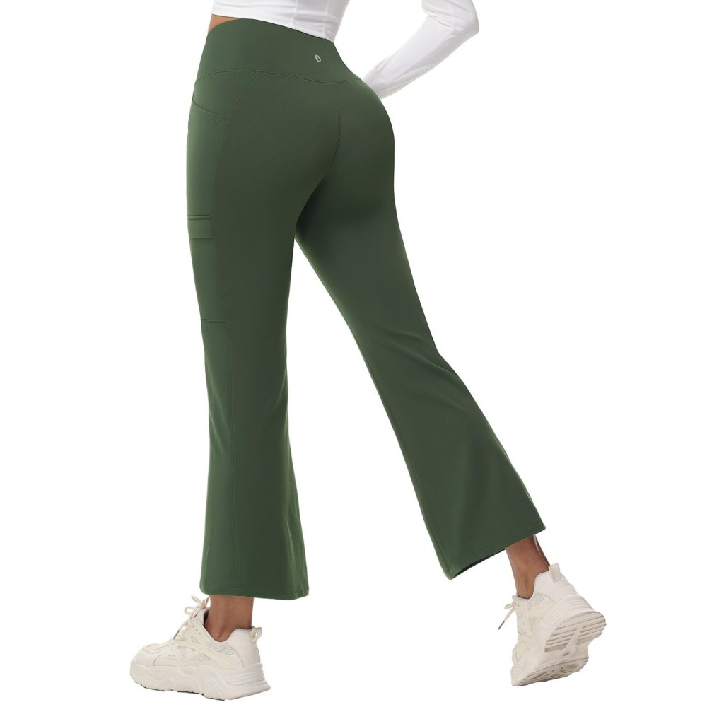 baleaf Women\'s 27 Fleece Lined Pants Water Resistant Crossover Flare Leggings Bootcut Hiking Thermal Winter Outdoor Dark Army Green M