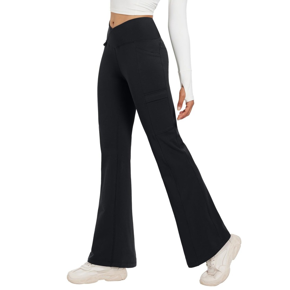 baleaf Women\'s 27 Fleece Lined Pants Water Resistant Crossover Flare Leggings Bootcut Hiking Thermal Winter Outdoor Navy L