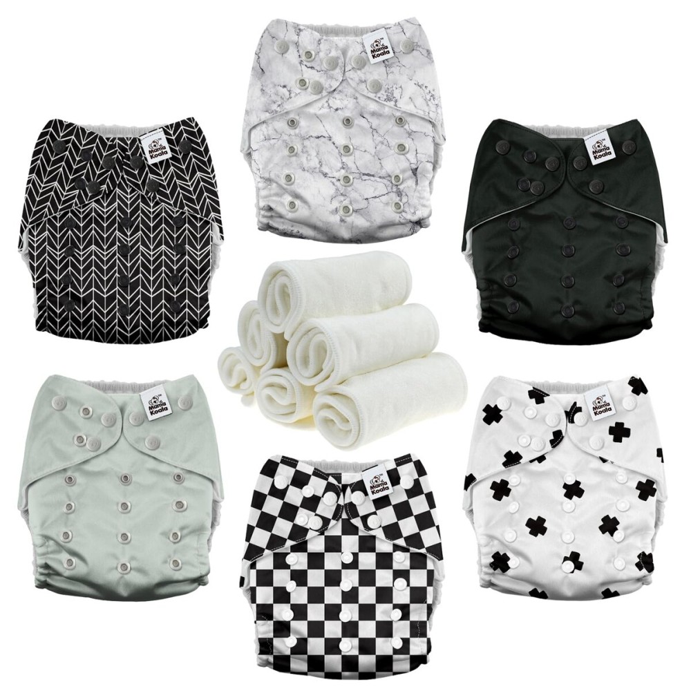 Mama Koala 3.0 Pocket Cloth Diapers for Babies with AWJ Lining, 6 Pack with 6 4-Layer Natural Cloth Diaper Inserts - Reusable and Washable Pocket Diapers (Black and White)