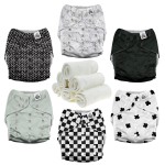 Mama Koala 3.0 Pocket Cloth Diapers for Babies with AWJ Lining, 6 Pack with 6 4-Layer Natural Cloth Diaper Inserts - Reusable and Washable Pocket Diapers (Black and White)