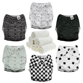 Mama Koala 3.0 Pocket Cloth Diapers for Babies with AWJ Lining, 6 Pack with 6 4-Layer Natural Cloth Diaper Inserts - Reusable and Washable Pocket Diapers (Black and White)