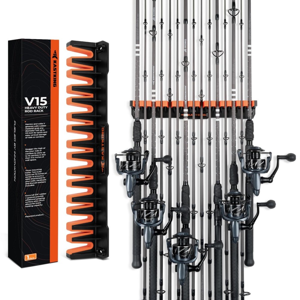 KastKing V15HD Heavy Duty Vertical Fishing Rod Holder - Wall Mounted Fishing Rod Rack, Store 15 Large Rods or Fishing Rod Combos in 18 Inches, Great Fishing Pole Holder and Rack, 1 Pack