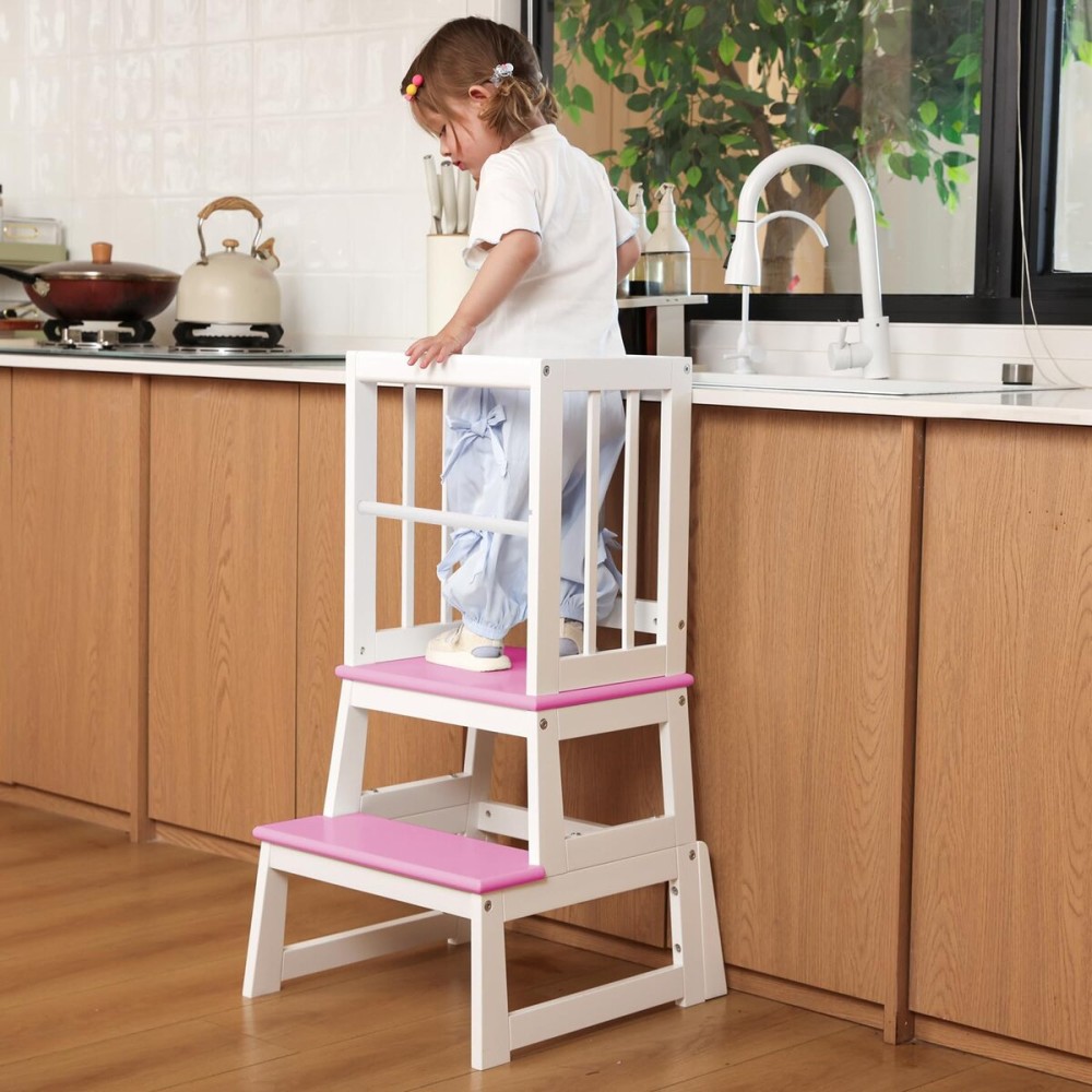 Kids Kitchen Step Stool, Ideal Toddler Learning Standing Tower, 2025 New Upgrade with an Anti-tip Structure and Anti-Drop Safety Bar, More Stable and Safer - White Pink