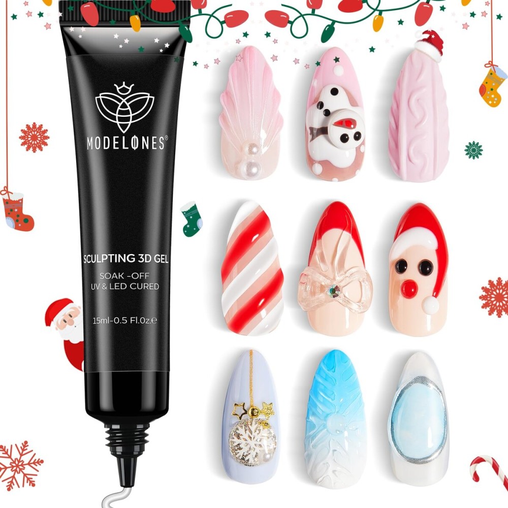 Modelones 3D Gel Nail Art, Sculpting Gel Glue for Molding, Drawing, Charms & Gems Glue, Nail Stuff for Chrome Powder and Rhinestone Design No Wipe, U V Light Cured Salon & DIY Use