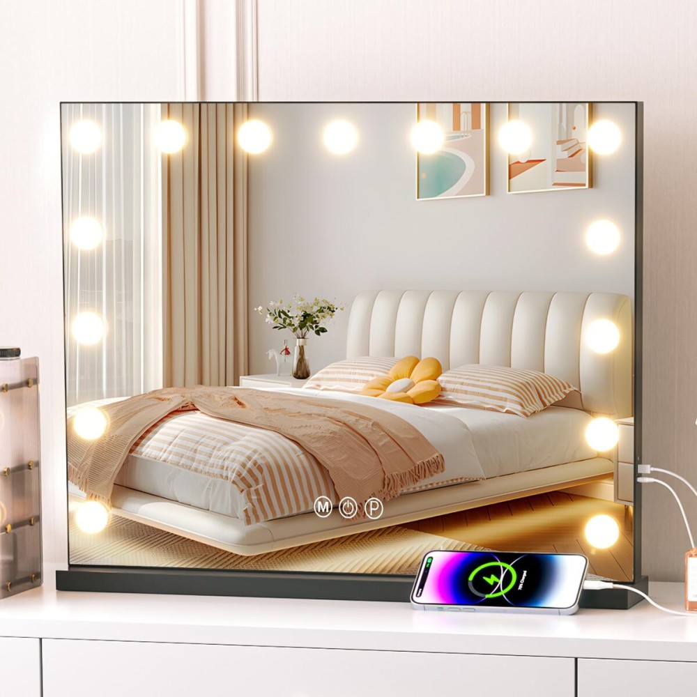 Fenair Vanity Mirror with Lights 22.8x 18.1 Makeup Mirror with Lights and 15 Dimmable Bulbs,3 Colors Modes,Hollywood Mirror with USB Charging Port and 10X Detachable Magnification MirrorBlack
