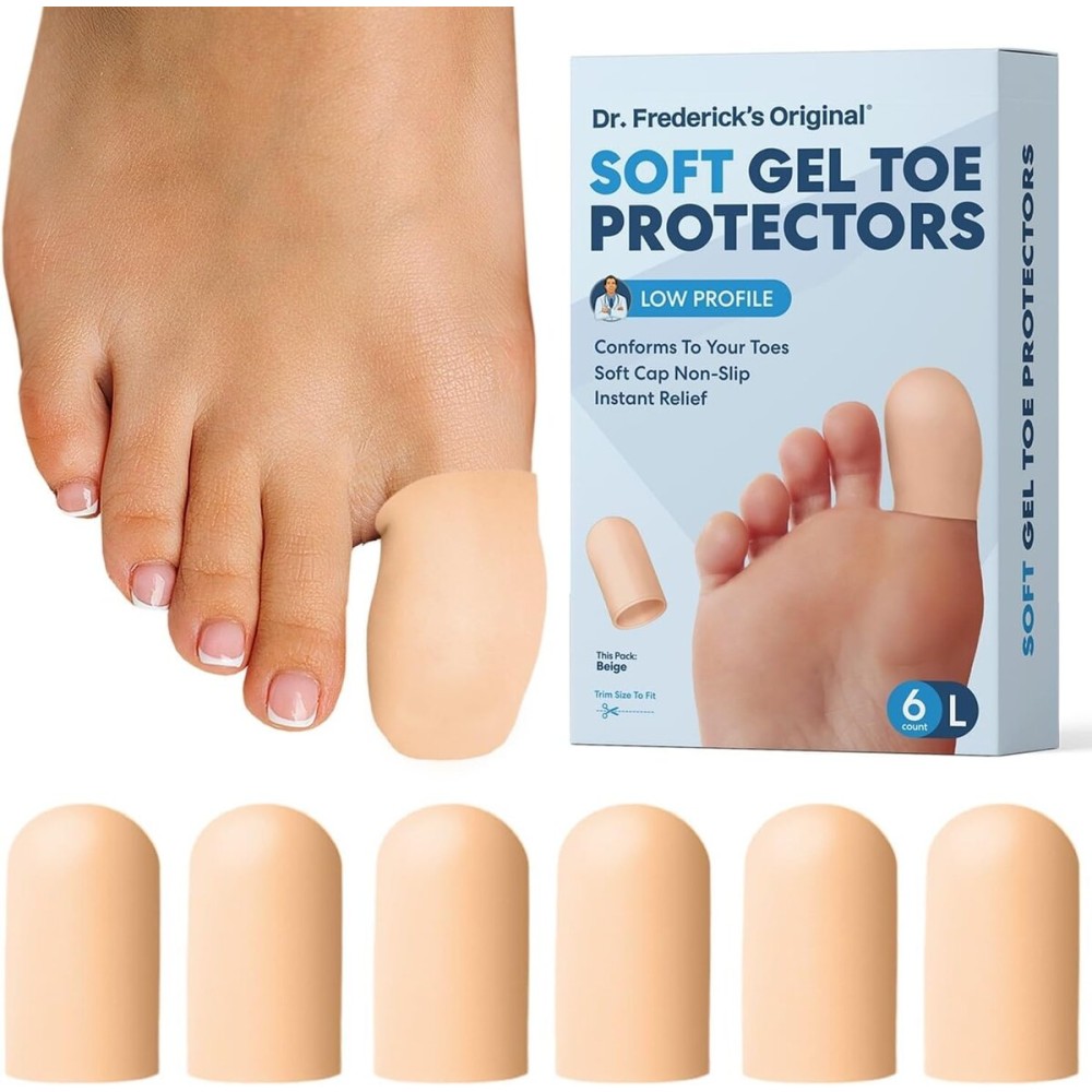 Dr. Frederick\'s Original Soft Gel Toe Protectors for Men & Women - 6 ct - Toe Caps for Foot Pain Relief - Sleeves for Ingrown Toenails, Corns, Calluses, and Blisters - Large - Beige