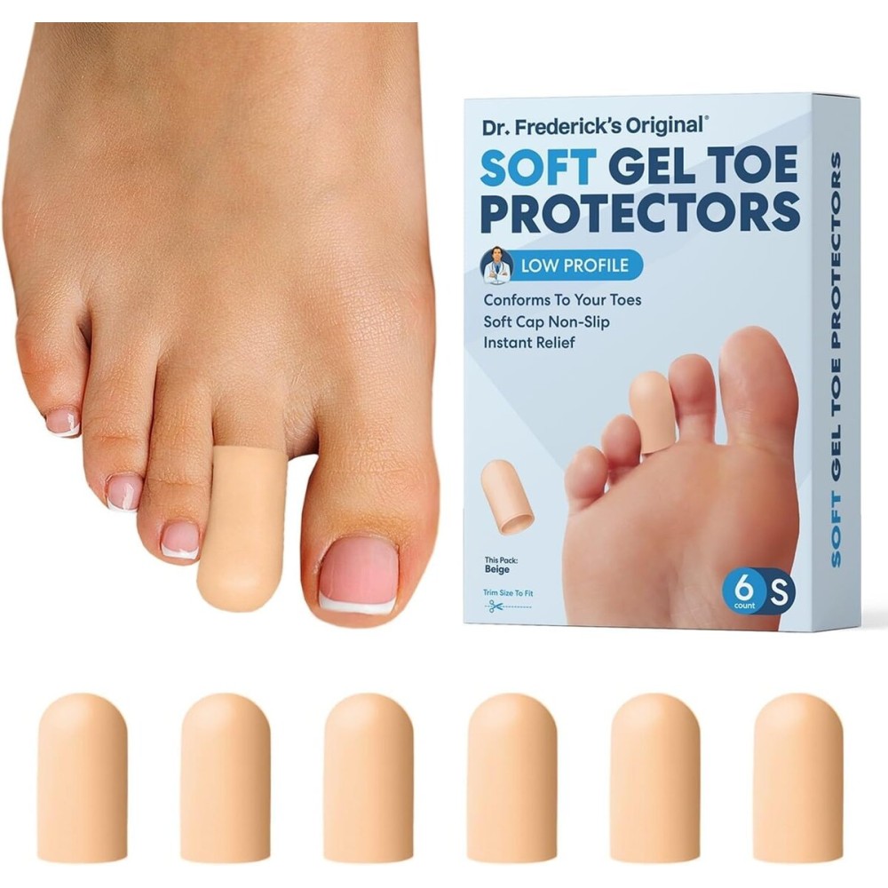 Dr. Frederick\'s Original Soft Gel Toe Protectors for Men & Women - 6 ct - Toe Caps for Foot Pain Relief - Sleeves for Ingrown Toenails, Corns, Calluses, and Blisters - Small - Beige