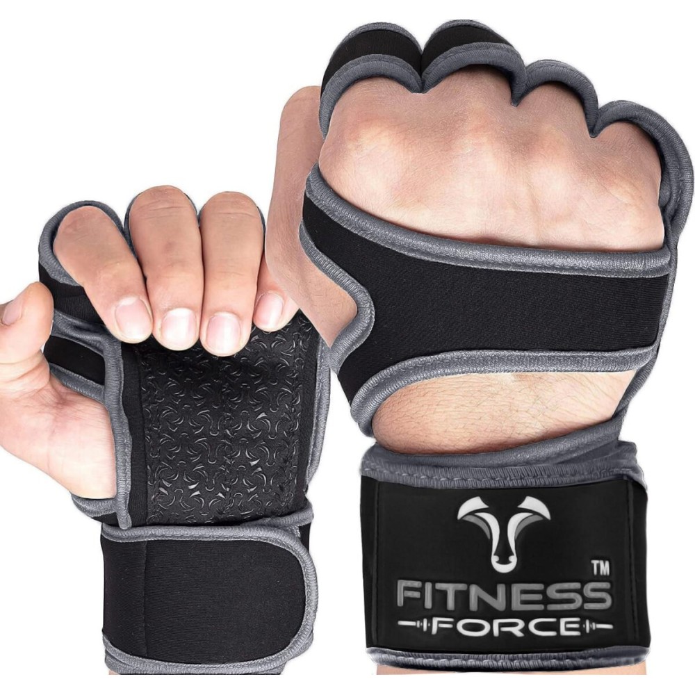 FITNESS FORCE Ventilated Weightlifting Gloves Workout Gloves for Men & Women with Built-in Wrist Wraps Fingerless Gym Gloves for Men Perfect for Exercise Fitness, Weight Lifting, Cross Training
