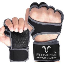 FITNESS FORCE Ventilated Weightlifting Gloves Workout Gloves for Men & Women with Built-in Wrist Wraps Fingerless Gym Gloves for Men Perfect for Exercise Fitness, Weight Lifting, Cross Training
