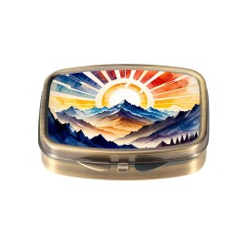 Dynippy Pill Case Pill Box with Mirror Retro Pocket 2 Compartment Medicine Case Vitamin Pill Organizer for Pocket Purse and Travel (Retro- Mountain Sunrise)
