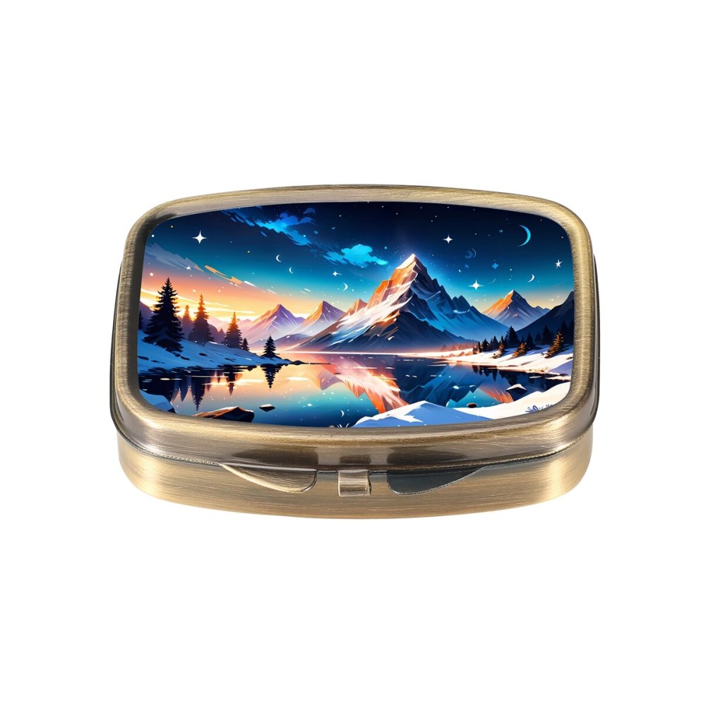 Dynippy Pill Case Pill Box with Mirror Retro Pocket 2 Compartment Medicine Case Vitamin Pill Organizer for Pocket Purse and Travel (Retro- Snowy Mountain Reflections)
