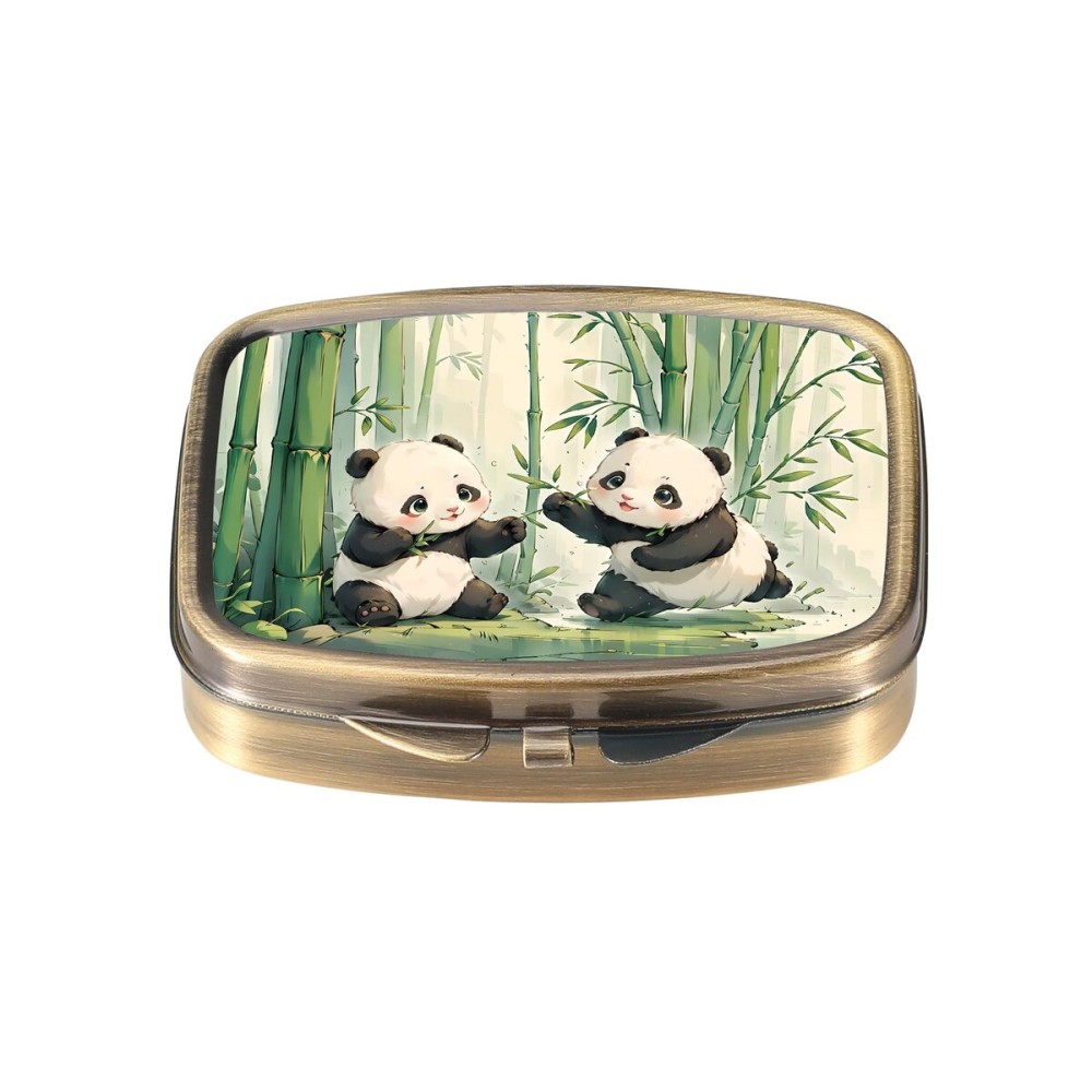 Dynippy Pill Case Pill Box with Mirror Retro Pocket 2 Compartment Medicine Case Vitamin Pill Organizer for Pocket Purse and Travel (Retro-Panda)