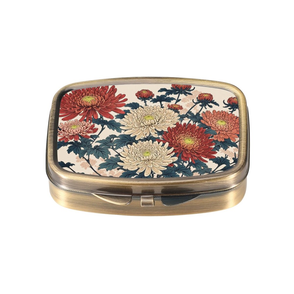 Dynippy Pill Case Pill Box with Mirror Retro Pocket 2 Compartment Medicine Case Vitamin Pill Organizer for Pocket Purse and Travel (Retro- Traditional Chrysanthemums)