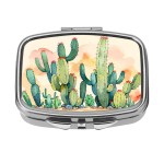 Dynippy Pill Case Pill Box with Mirror Retro Pocket 2 Compartment Medicine Case Vitamin Pill Organizer for Pocket Purse and Travel (Silver- Cactus Pattern)