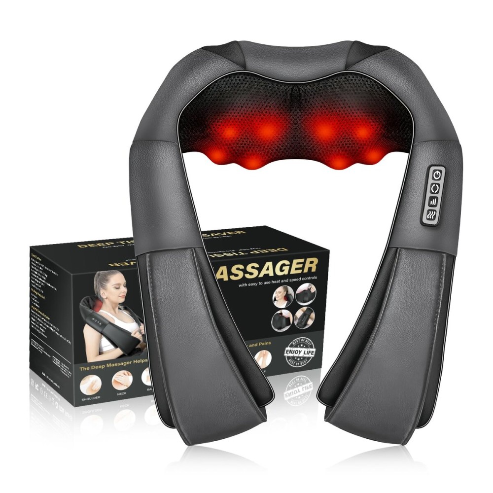 Shiatsu Electric Massager with Heat - 3D Kneading Pillow for Neck, Back, Shoulder, Muscle Pain Relief - Office, Home, Car Use - Fits Parents (Gray-button)