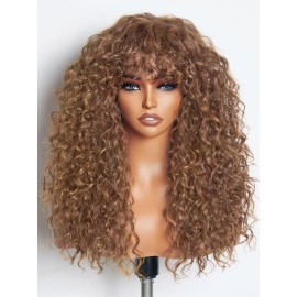 GORGIUS Veralux Blend Human Hair Curly Wig with Bangs Cinnamon Brown Shaggy Curl Glueless Bang Wig with True Scalp Upgraded with Natural Human-Hair-Like Premium Synthetic Fiber