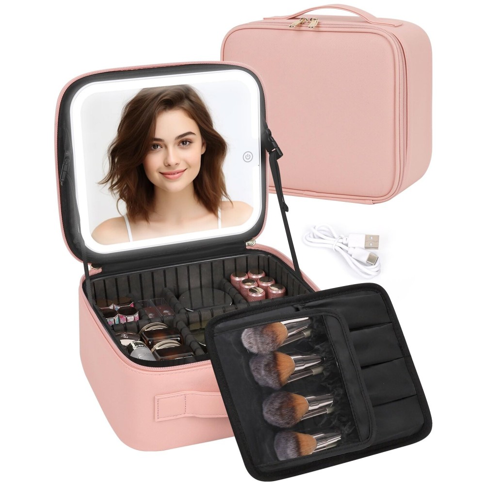TANTO Makeup Bag With LED Mirror, Travel Makeup Case with Light up Mirror Large Cosmetic Case with 3 Color Lighted Portable Professional Organizer Bag with Adjustable DividersPink