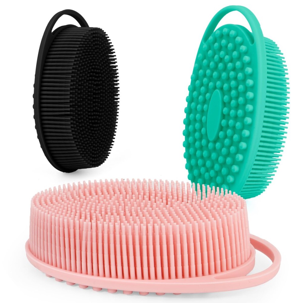 Soft Silicone Body Scrubber 3 PCS Silicone Body Shower, Silicone Loofah 2 in 4 Bath and Shampoo Brush, Body Scrubber Shower Cleaning Exfoliating Use for Sensitive Skin, Lather Well, Black,Pink,Green
