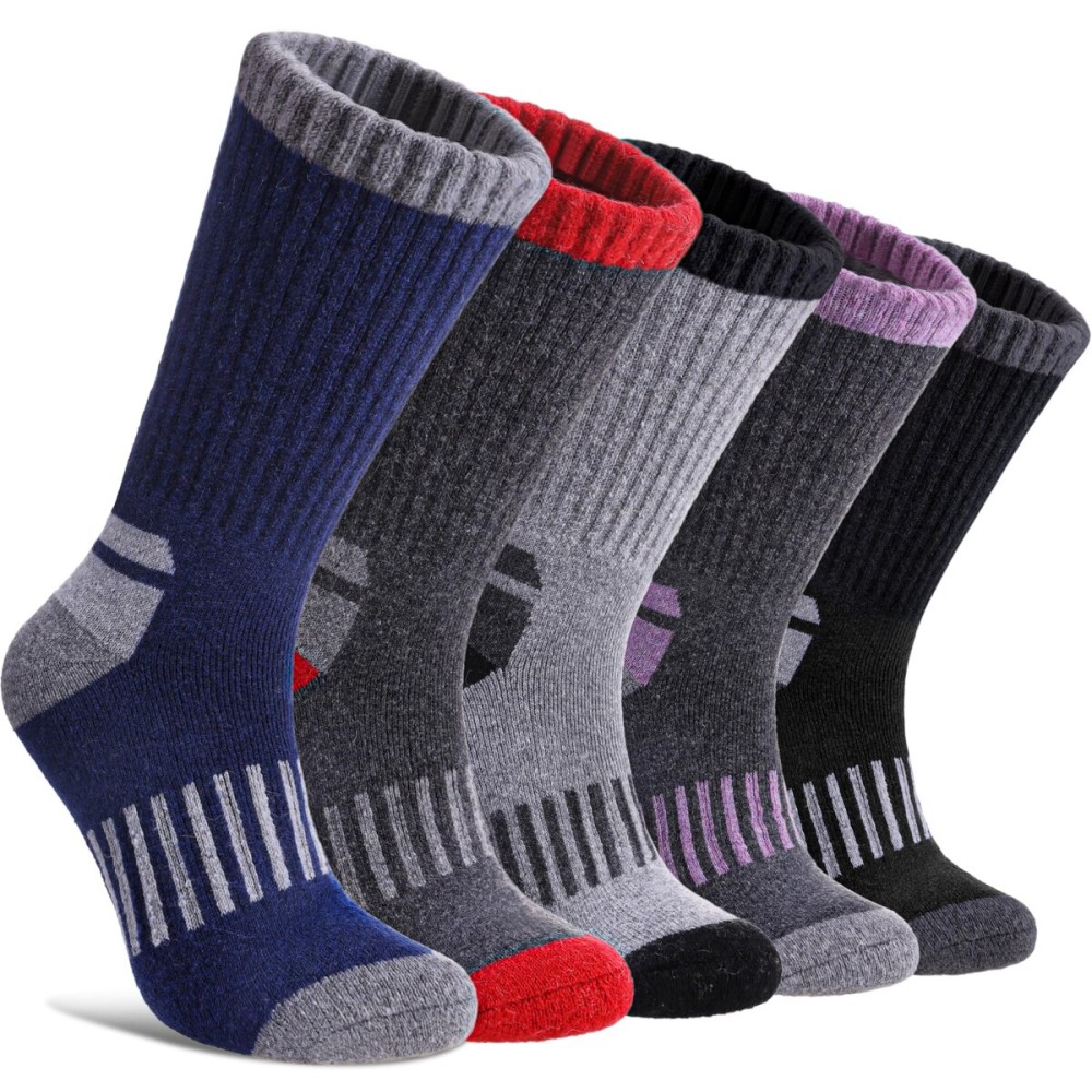 DYW Womens Merino Wool Hiking Socks Thermal Warm Winter Boot Crew Socks Cushion Work Walking Gift Socks 5 Pairs 5 Pairs Color Mix D,Large