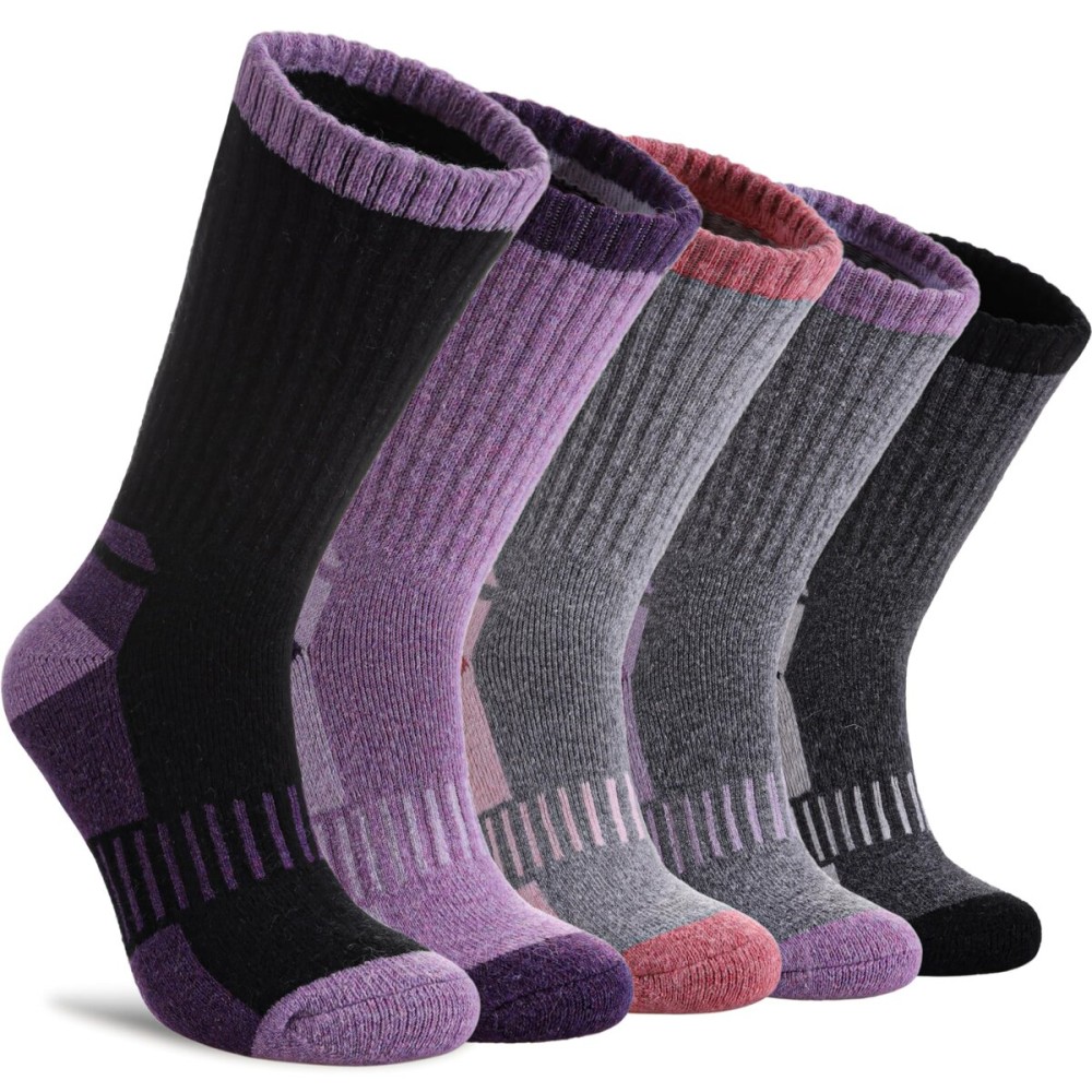 DYW Womens Merino Wool Hiking Socks Thermal Warm Winter Boot Crew Socks Cushion Work Walking Gift Socks 5 Pairs 5 Pairs Color Mix B,Large
