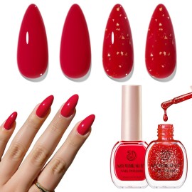 AZUREBEAUTY Red Nail Polish No Gel Quick Dry Gold Foil Glitter 2 Colors Nail Lacquer Natural Fingernail Kit DIY Salon Home Women Gifts 0.34oz