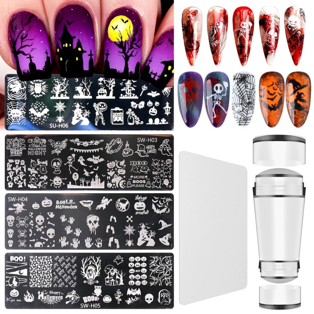 Nail Stamper Halloween Stamping Plate Kit, Dual-end Silicone French Nail Art Stamper Scraper 4Pcs Halloween Art Stencils Printing Template, Horror Ghost Skull Pumpkin Witch Nail DIY Design Home Salon