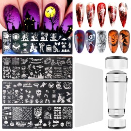 Nail Stamper Halloween Stamping Plate Kit, Dual-end Silicone French Nail Art Stamper Scraper 4Pcs Halloween Art Stencils Printing Template, Horror Ghost Skull Pumpkin Witch Nail DIY Design Home Salon