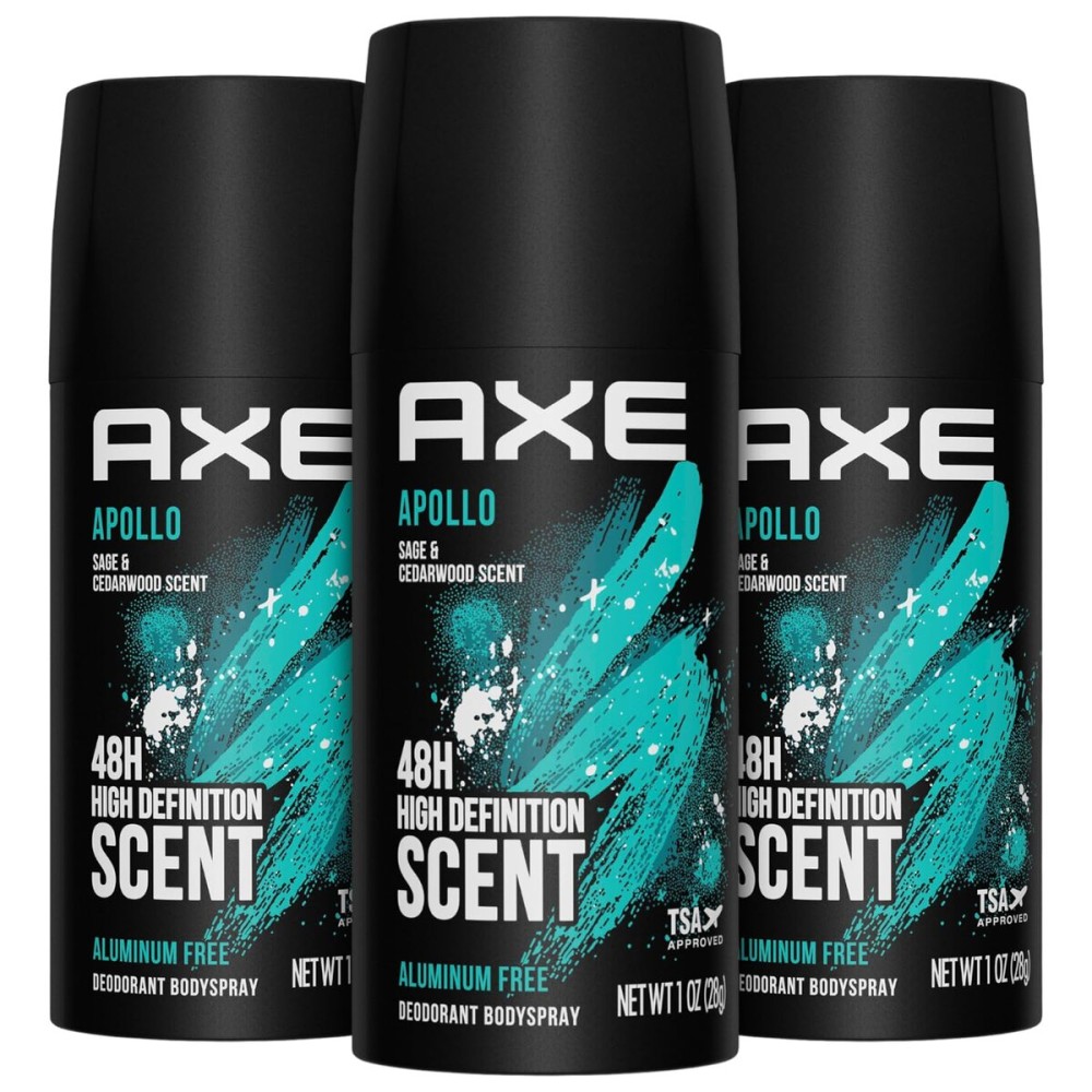 AXE Travel Deodorant, Body Spray, Apollo, 3-Pack - 48H High-Definition Scent & Odor Protection, Sage & Cedarwood, Aluminum-Free, 1 Oz Ea