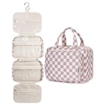 Narwey Hanging Toiletry Bag for Women Travel Makeup Bag Organizer Toiletries Bag for Travel Size Essentials Accessories Cosmetics (Dusty Pink Checkerboard (Medium))
