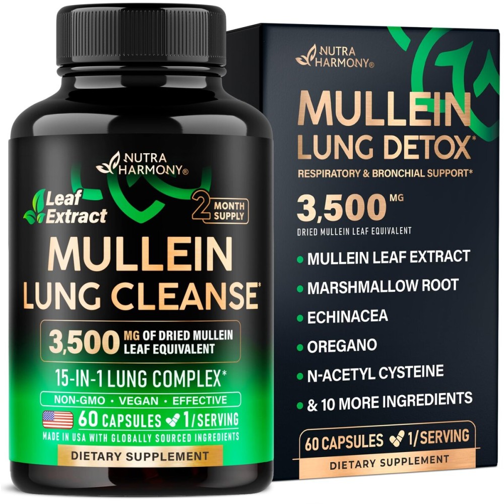 Mullein Leaf Extract for Lung Detox - Marshmallow Root | Echinacea | Oregano | Quercetin | NAC - 15-in-1 Lung Support & Cleanse for Smokers Supplement - Made in USA - As Drops, Tincture - 60 Capsules