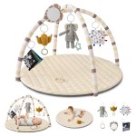 Blissful Diary Baby Play Gym Mat, Tummy Time Activity Mat with 6 Detachable Toys for Stage-Based Sensory & Motor Skill Development, Easy to Install & Clean, Baby Essentials Gift, Sandy Beige