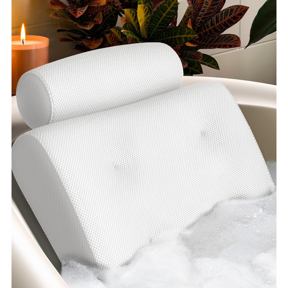 Everlasting Comfort Luxury Bath Pillows for Tub with Head and Neck Support - Non-Slip Bathtub Pillow with Suction Cups, Quick-Drying Mesh & Drying Hook - Jacuzzi & Spa Accessories for Women - White